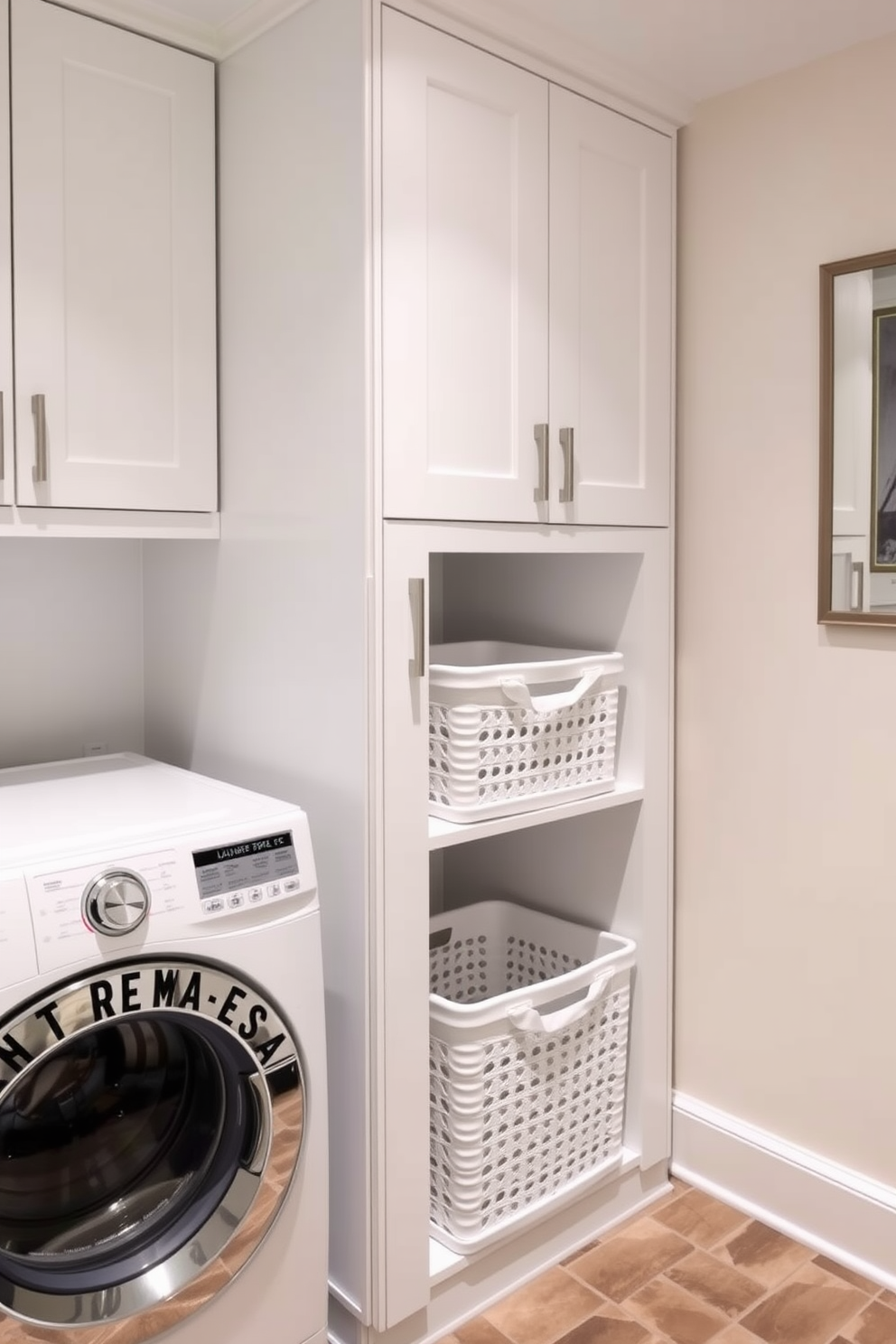 A stylish laundry room featuring built-in laundry hampers integrated into sleek cabinetry. The cabinetry is painted in a soft white hue, with brushed nickel handles, and the hampers are easily accessible yet discreetly concealed.