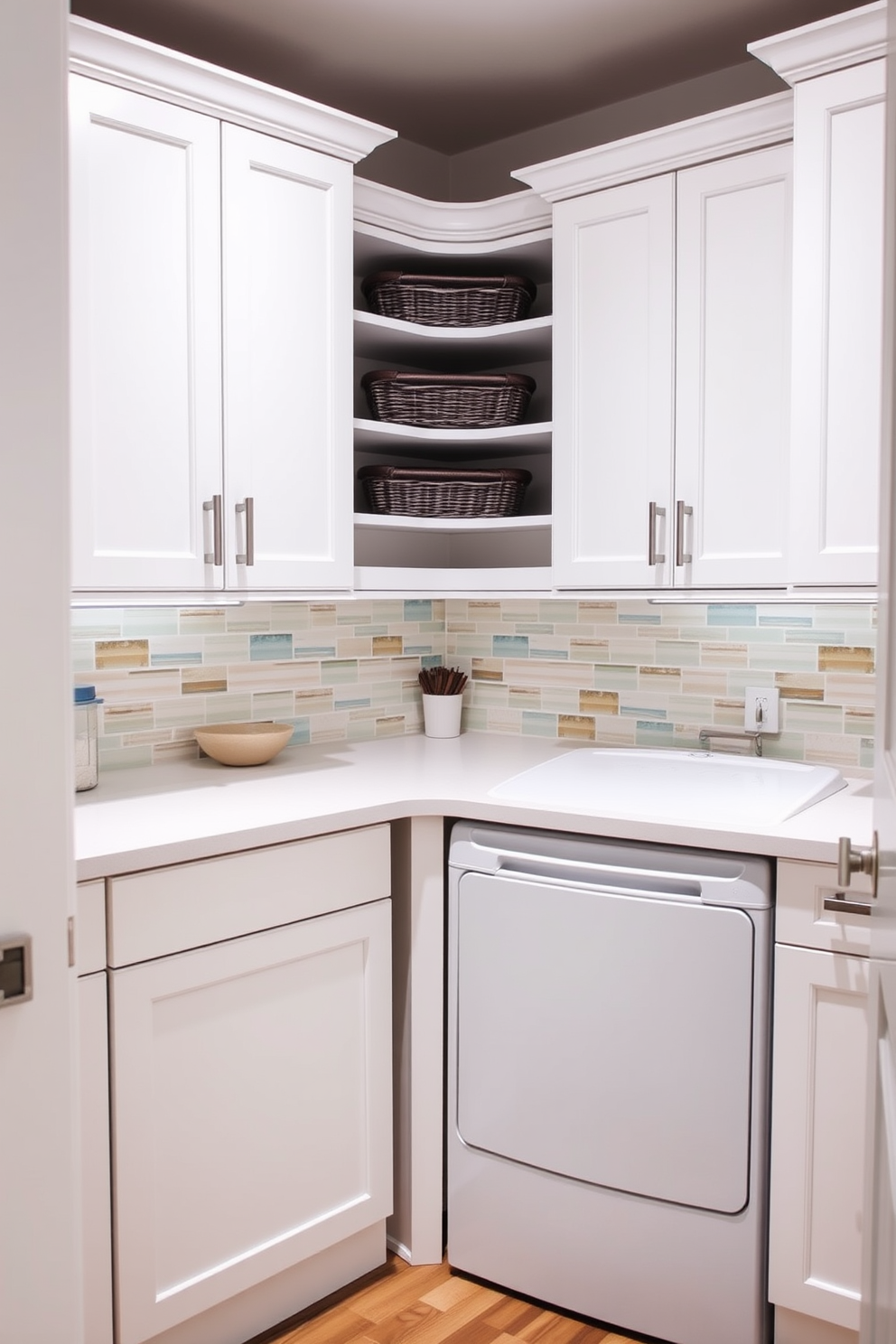 A stylish laundry room featuring corner cabinets designed to maximize space. The cabinets are painted in a soft white finish with sleek handles, and there is a countertop above the washer and dryer for added functionality. The corner cabinets are equipped with pull-out shelves and baskets for easy access to supplies. Bright LED lighting illuminates the space, complemented by a cheerful backsplash in pastel tiles.