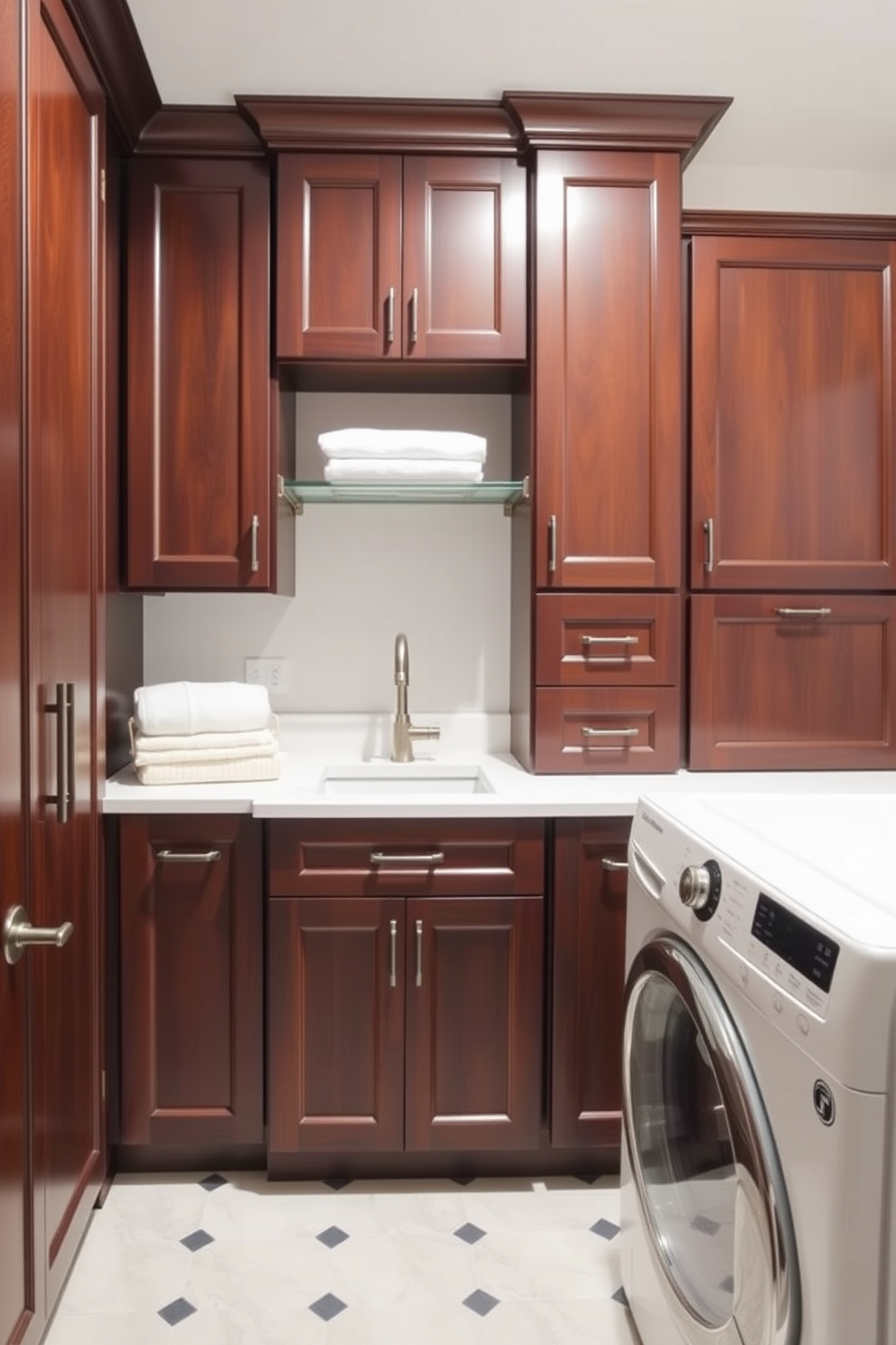 A cozy laundry room featuring dark wood cabinets that provide warmth and sophistication. The cabinets are complemented by a white countertop and stylish hardware, creating an inviting and functional space.