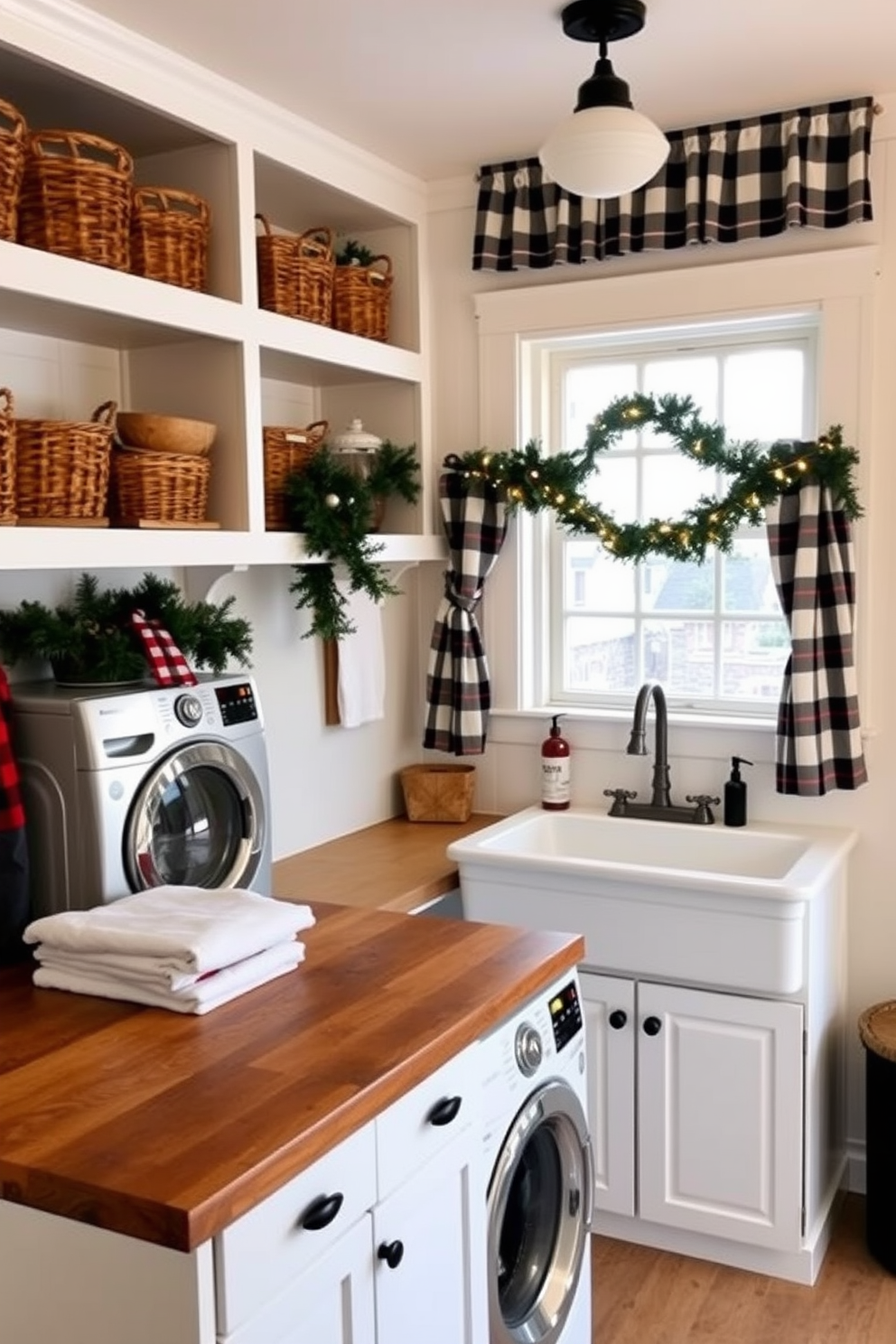 Cozy farmhouse style laundry room with plaid accents. The space features a large wooden countertop for folding clothes, surrounded by open shelving displaying rustic baskets and holiday decorations. A vintage washing machine sits beside a charming farmhouse sink, adorned with festive garlands and twinkling lights. The walls are painted in a soft white, complemented by plaid curtains that frame the window, adding a warm, seasonal touch.