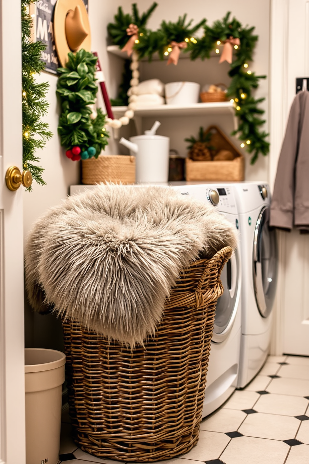 A cozy laundry room featuring a faux fur throw draped over a stylish wicker basket. The space is adorned with festive Christmas decorations, including garlands and twinkling lights, creating a warm and inviting atmosphere.