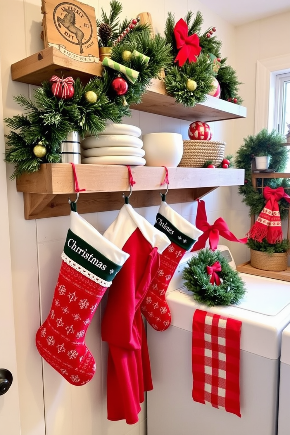 Christmas stockings hung on rustic wooden shelves adorned with festive garlands. The laundry room features cheerful decorations with red and green accents, creating a warm holiday atmosphere.