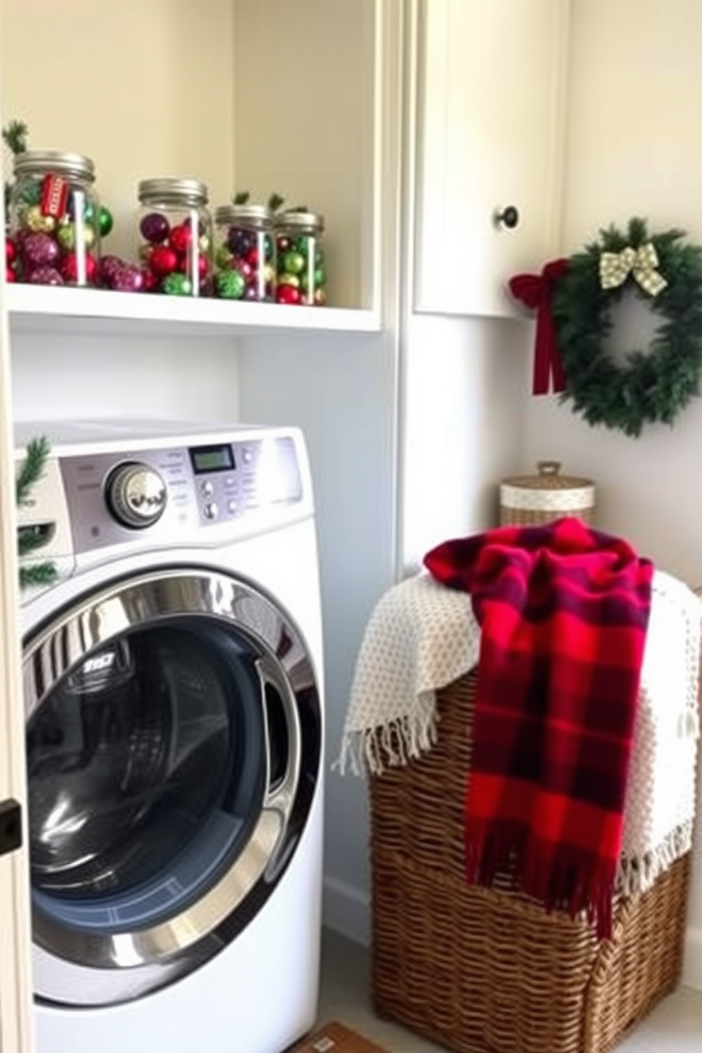 A cheerful laundry room adorned for the Christmas season. Decorative jars filled with colorful ornaments are arranged on a shelf, bringing festive charm to the space. The walls are painted in a soft white, creating a bright and airy atmosphere. A cozy throw blanket drapes over a wicker basket, adding warmth and texture to the room.