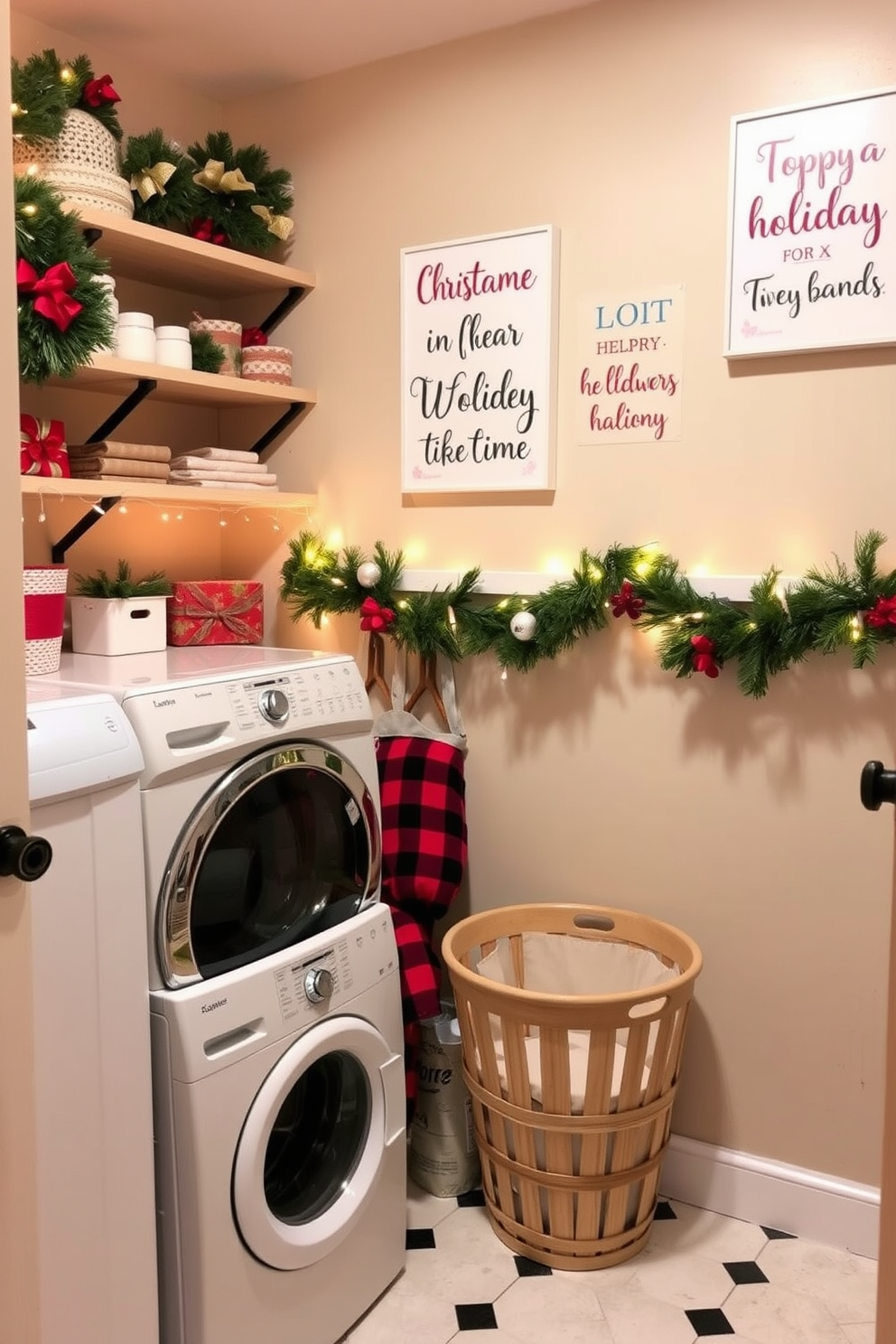 A cozy laundry room adorned with cute holiday quotes on the wall art. The decor features festive colors and cheerful designs, creating a warm and inviting atmosphere for the holiday season. The space is enhanced with Christmas decorations, including garlands draped over shelves and twinkling fairy lights. A vintage-inspired laundry basket sits in the corner, adding charm and functionality to the festive setting.