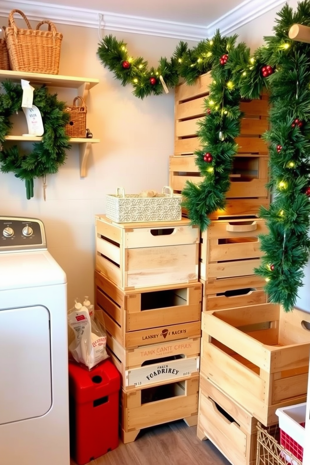 A cozy laundry room featuring rustic wooden crates used for storage. The crates are stacked neatly in one corner, adorned with festive Christmas decorations, including garlands and twinkling lights.