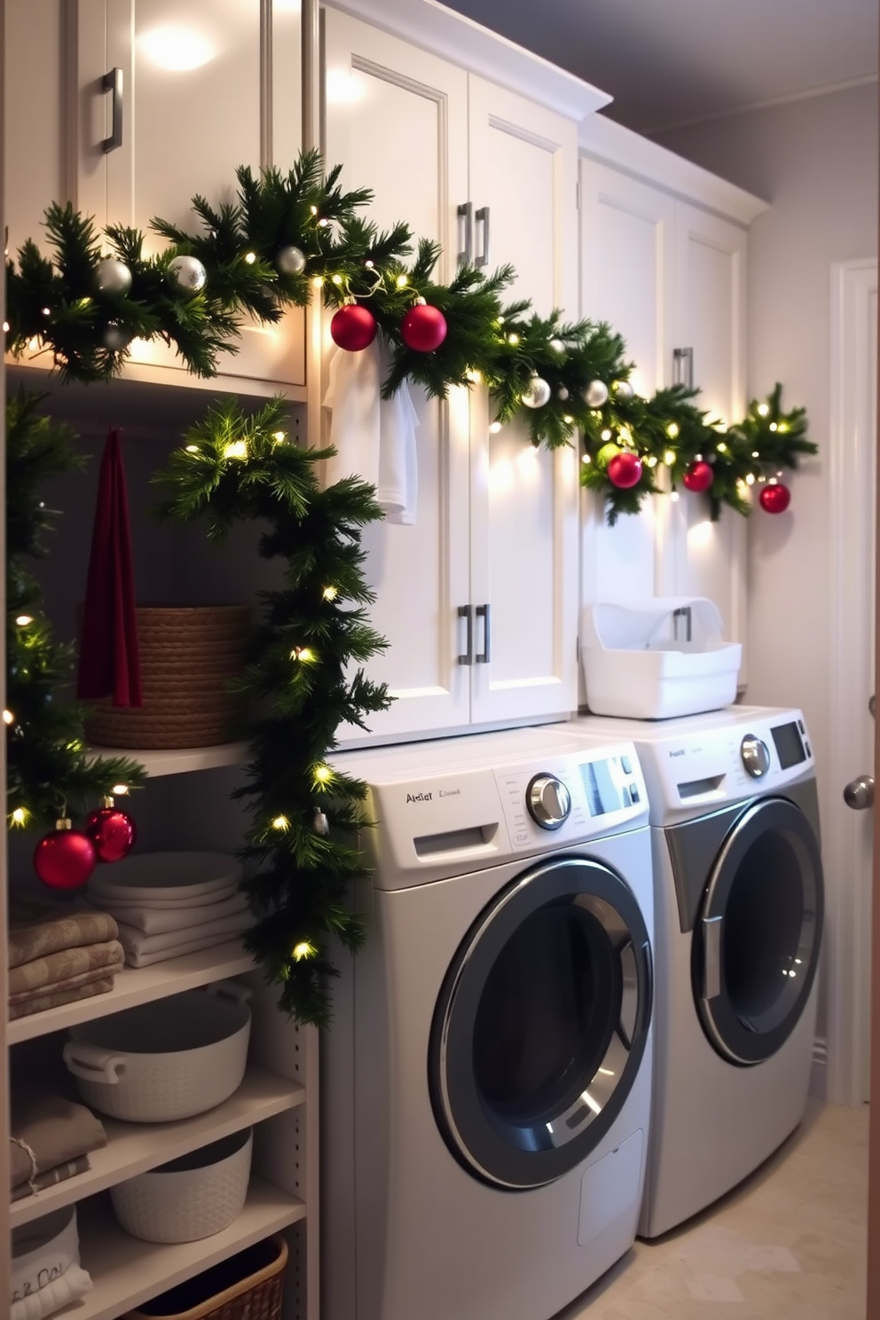 A cozy laundry room adorned for Christmas. Garland is elegantly draped over the shelving units, complemented by twinkling fairy lights and festive ornaments.