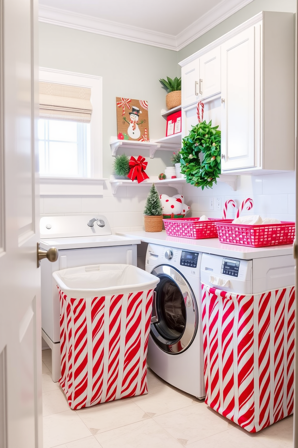 A cheerful laundry room adorned with candy cane striped laundry hampers. The space is bright and festive, featuring holiday-themed decorations that bring a joyful spirit to the chore of laundry.