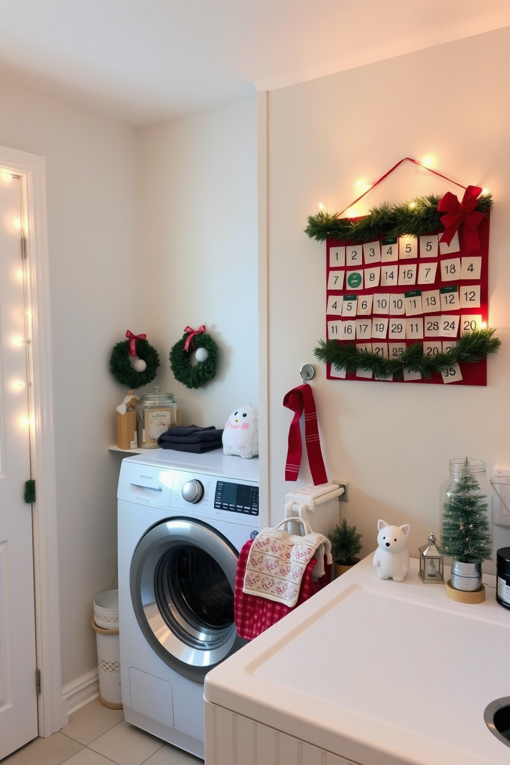 A charming laundry room decorated for Christmas features a festive advent calendar prominently displayed on the wall. The room is adorned with twinkling fairy lights and seasonal decorations, creating a warm and inviting atmosphere.