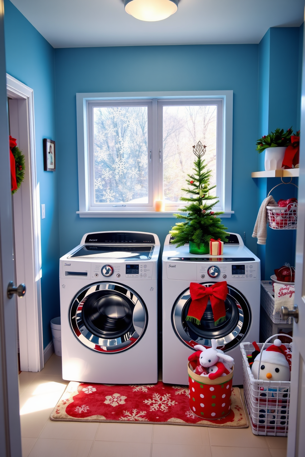 A cheerful laundry room adorned with snowflake window clings that sparkle in the winter sunlight. The walls are painted a soft blue, and the space features a white washing machine and dryer with a festive red and green holiday theme. A cozy rug in front of the machines adds warmth, while a small potted Christmas tree sits on a shelf. Decorative baskets filled with holiday-themed laundry essentials complete the festive look, making this laundry room a joyful place during the holiday season.