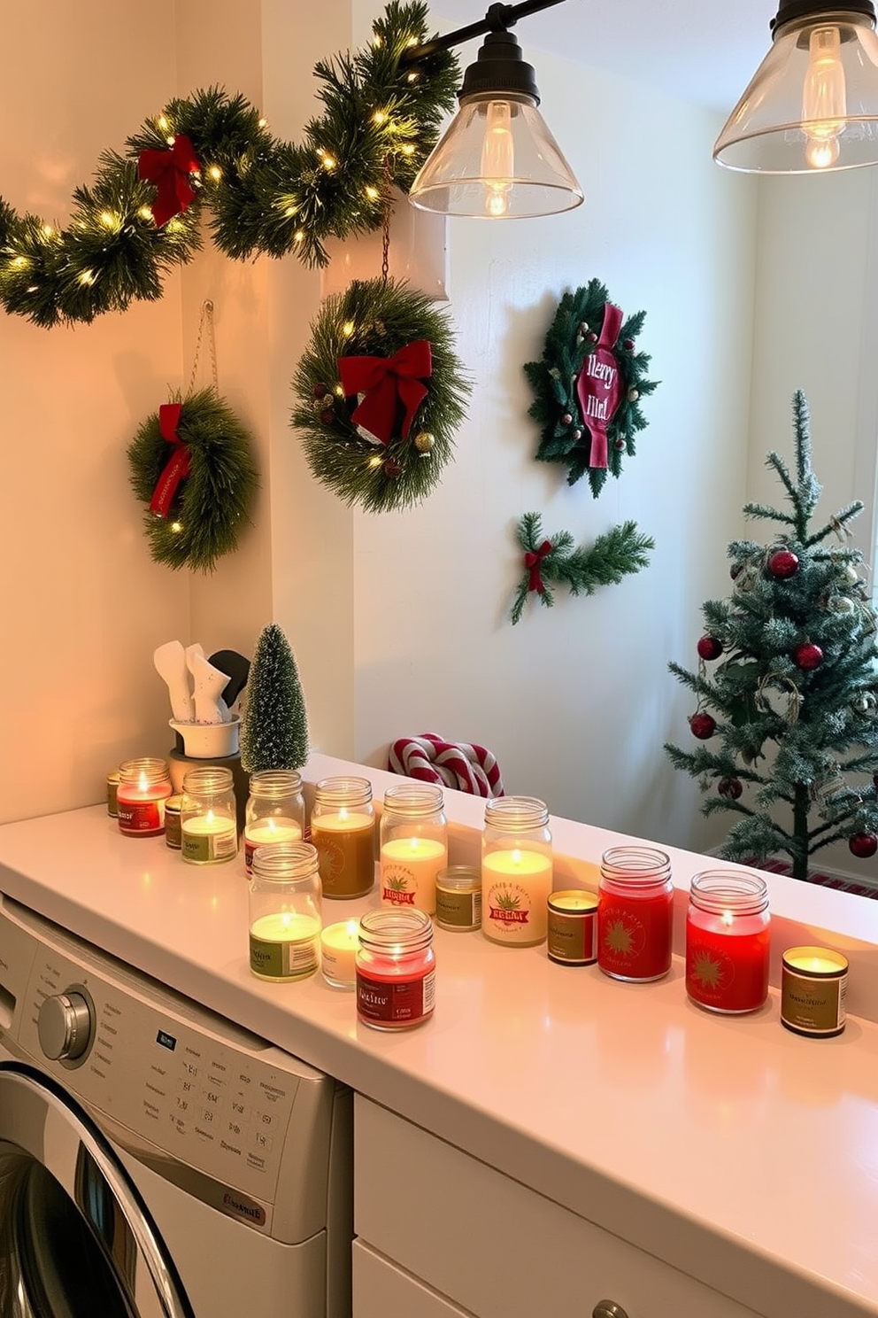 A cozy laundry room adorned with holiday spirit. The countertop is lined with an array of scented candles in festive jars, filling the space with warm fragrances. Cheerful Christmas decorations hang on the walls, featuring garlands and twinkling lights. A small tree stands in the corner, adding a touch of festive charm to the room.