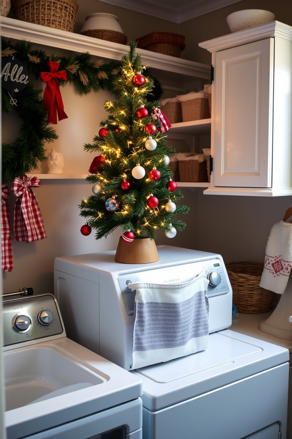 A charming laundry room adorned for the holidays. A mini Christmas tree sits atop the laundry counter, decorated with twinkling lights and colorful ornaments.