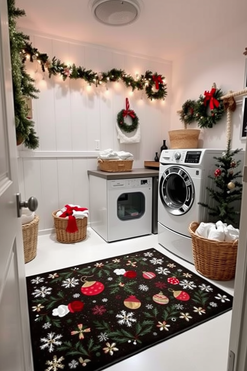 A cozy laundry room adorned with a festive Christmas-themed rug featuring a cheerful design of snowflakes and holiday ornaments. The walls are painted in a soft white, and the room is enhanced by decorative elements like string lights and a small Christmas tree in the corner. The laundry appliances are neatly arranged, with a basket of freshly laundered clothes beside them. Seasonal decorations, such as garlands and wreaths, add a warm and inviting touch to the space.