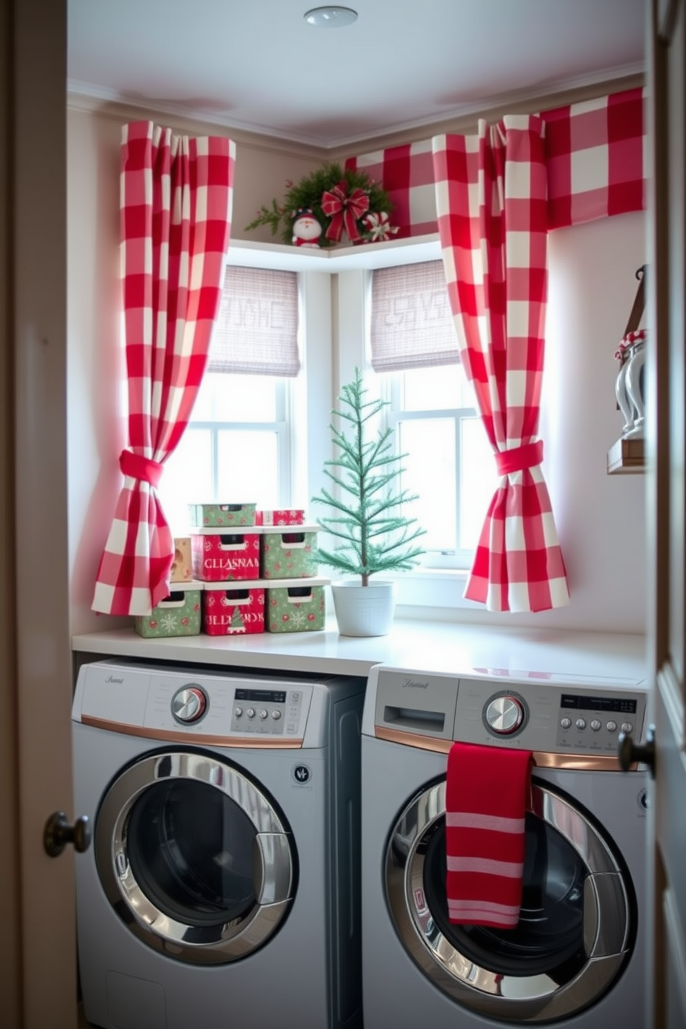 A cozy laundry room adorned with red and white striped curtains that softly frame the windows. The room features a stylish washer and dryer set, with a decorative shelf above displaying festive Christmas decorations. On the countertop, a collection of holiday-themed storage bins adds a splash of color and organization. A small potted evergreen tree sits on the windowsill, bringing a touch of nature to the cheerful holiday atmosphere.