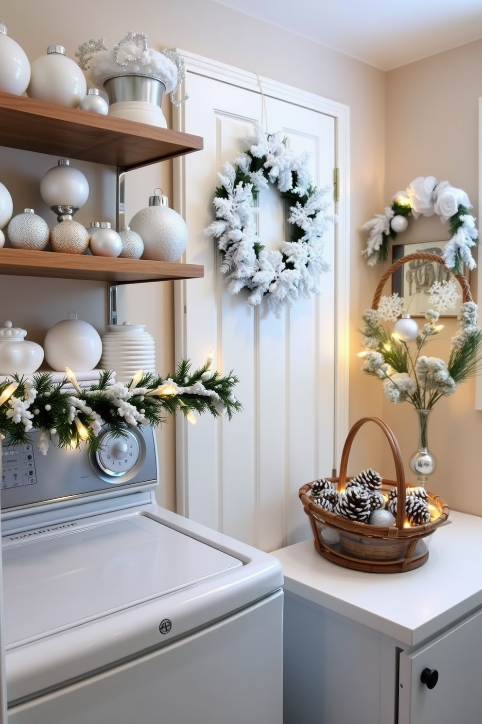 A cozy laundry room adorned with faux snow accents on various decor pieces creates a festive atmosphere. The shelves are lined with white and silver ornaments, while a snow-dusted wreath hangs on the door. A charming garland drapes across the countertop, interspersed with twinkling fairy lights. A decorative basket filled with faux snow-covered pinecones sits invitingly in the corner, adding to the holiday spirit.