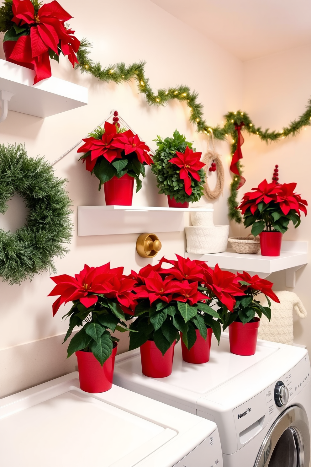 A bright and cheerful laundry room filled with festive spirit. Potted poinsettias in vibrant red and green hues are strategically placed on the countertop and shelves, adding a pop of color to the space. The walls are adorned with holiday-themed decorations, including garlands and string lights. A cozy, inviting atmosphere is created with soft textiles and a touch of seasonal charm throughout the room.