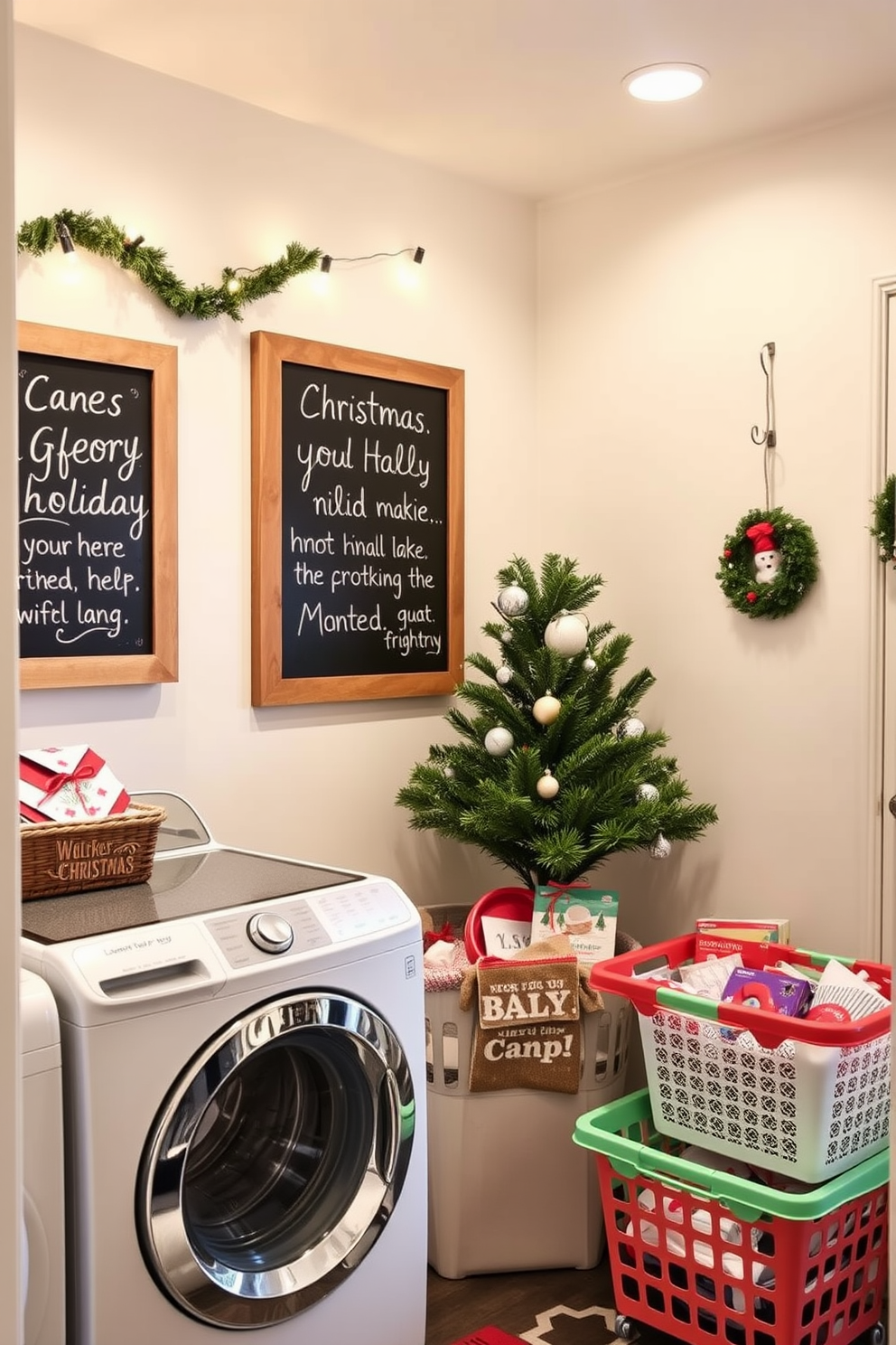 A cheerful laundry room featuring a large chalkboard mounted on the wall for holiday messages. The space is adorned with festive decorations including string lights, a small Christmas tree in the corner, and colorful laundry baskets filled with holiday-themed items.