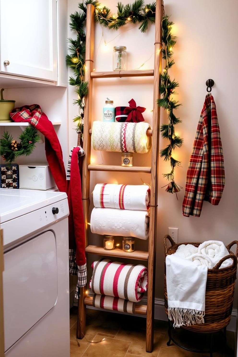 A decorative ladder is leaning against the wall in a cozy laundry room. It is adorned with festive garlands and twinkling fairy lights, creating a warm holiday atmosphere. The ladder is filled with colorful blankets and seasonal decor items. Nearby, a stylish basket holds neatly folded towels, adding to the room's charm.