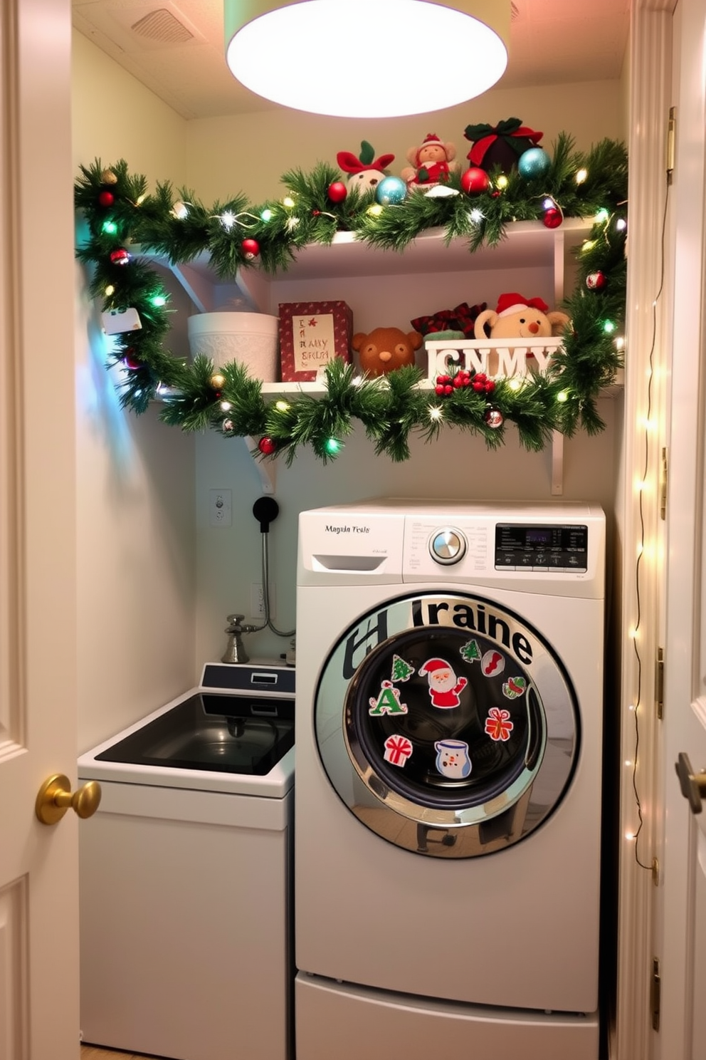 A cozy laundry room adorned with holiday-themed magnets on the washer. The walls are painted in a soft pastel hue, and festive garlands drape across the shelves. A cheerful display of Christmas decorations adds a touch of warmth. Colorful ornaments and twinkling lights create a joyful atmosphere in this functional space.