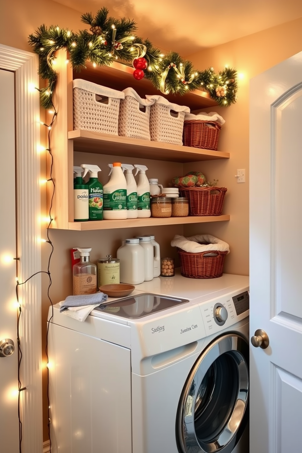 A cozy laundry room adorned with festive Christmas lights wrapped around the open shelving. The shelves are filled with neatly organized laundry supplies and decorative baskets, creating a cheerful holiday atmosphere.