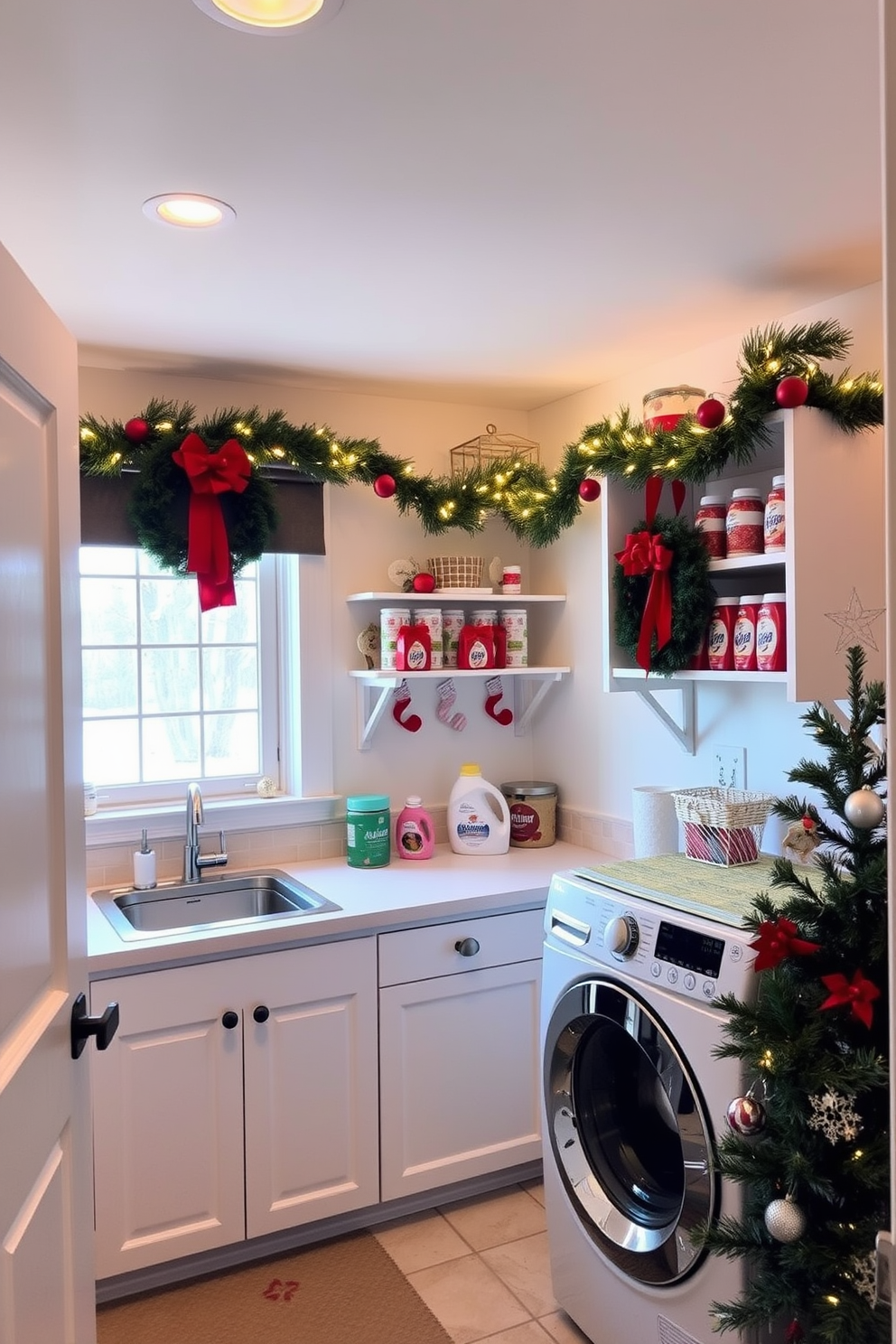 A cozy laundry room adorned for the Christmas season. The space features neatly organized shelves filled with seasonal fabric softener and detergent bottles, surrounded by festive decorations such as garlands and twinkling lights. A large window allows natural light to flood in, illuminating the cheerful red and green accents throughout the room. A decorative wreath hangs on the door, and a small Christmas tree sits in the corner, adding a touch of holiday spirit.