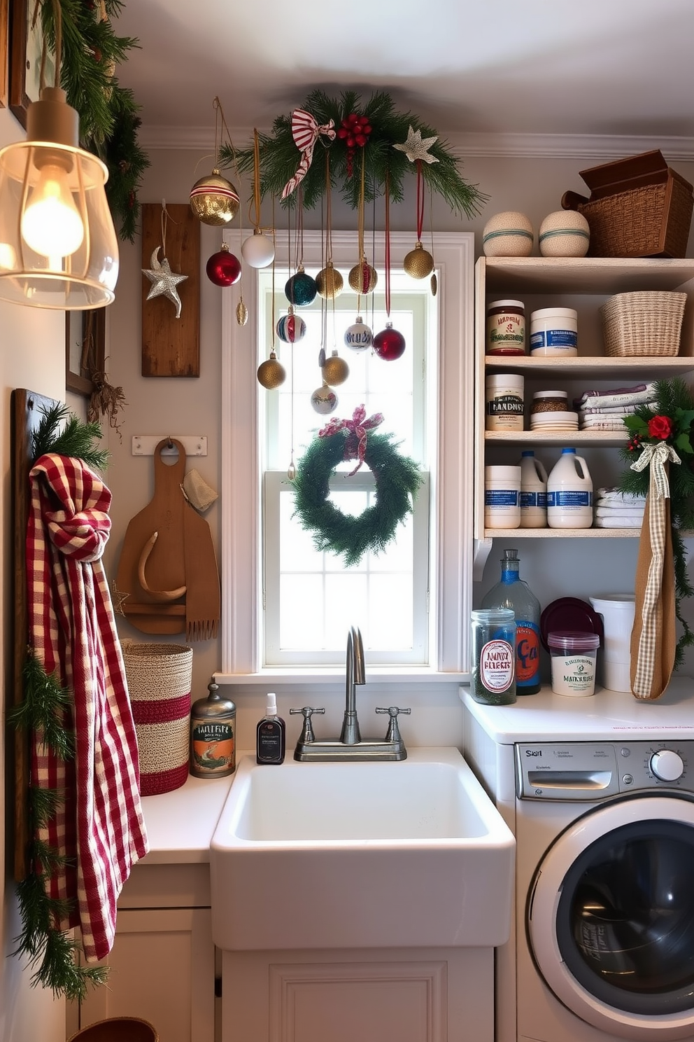 A charming laundry room adorned with vintage ornaments hanging from rustic hooks. The space features a classic farmhouse sink and shelves filled with neatly arranged laundry supplies, creating a cozy holiday atmosphere.