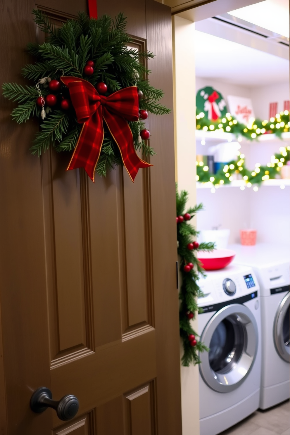 A festive wreath adorns the laundry door, crafted from fresh pine branches and adorned with red berries and a large bow. The laundry room is filled with cheerful holiday decor, featuring garlands draped along the shelves and twinkling string lights illuminating the space.