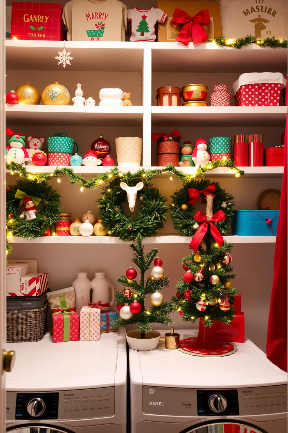 DIY holiday crafts displayed on shelves in a cozy laundry room. The shelves are filled with handmade ornaments, festive garlands, and colorful wrapping supplies, creating a cheerful holiday atmosphere. Christmas decorating ideas for a laundry room featuring twinkling fairy lights and seasonal wreaths. A small tree adorned with ornaments sits on the countertop, while red and green accents bring warmth to the space.