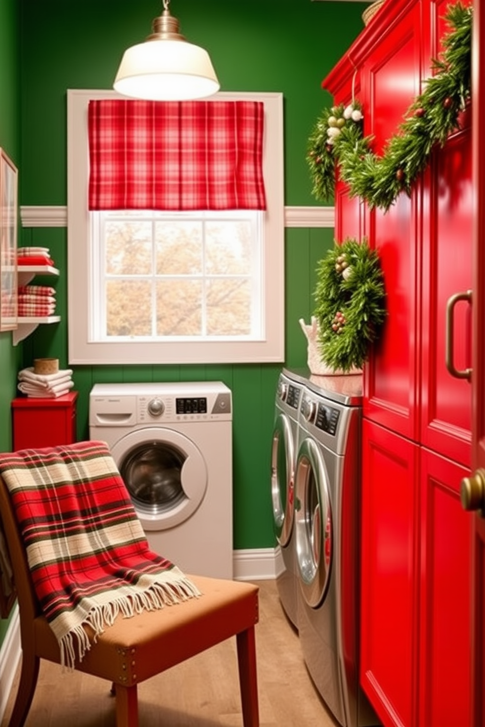 A vibrant laundry room adorned with a red and green color scheme. The walls are painted in a rich emerald green, while the cabinets are a bright cherry red, creating a festive atmosphere. Christmas decorations include garlands draped along the shelves and a wreath hanging on the door. A cozy throw blanket in plaid patterns is neatly folded on a nearby chair, adding warmth to the space.