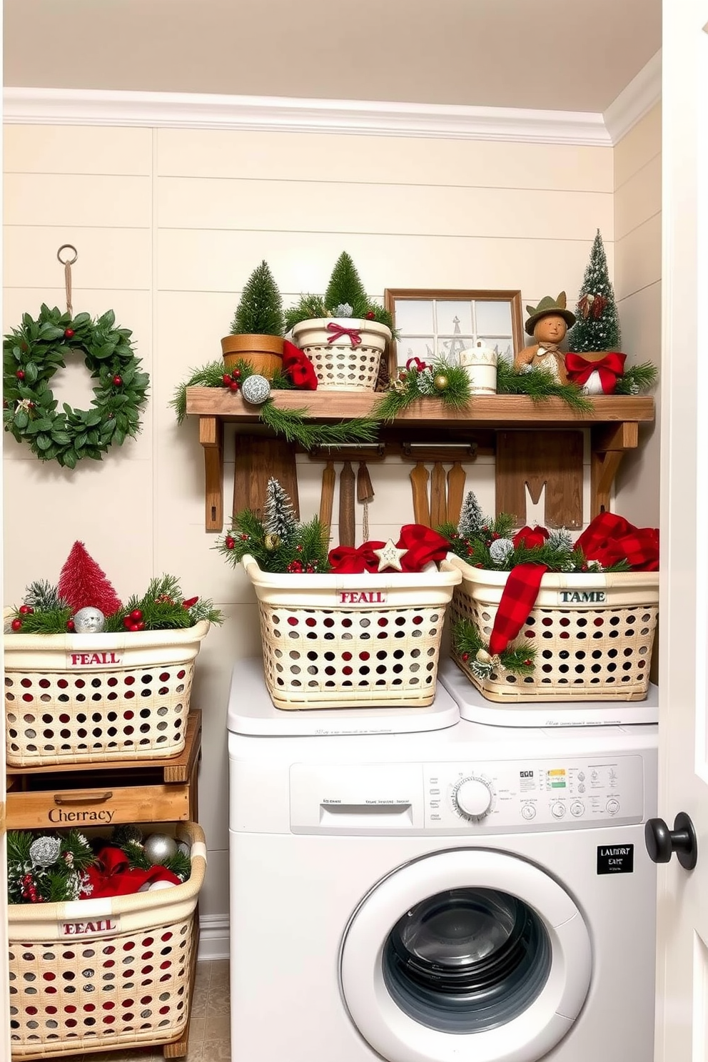 A cozy laundry room adorned with vintage laundry baskets filled with festive holiday decor. The walls are painted in a soft cream color, and a rustic wooden shelf displays seasonal decorations alongside the baskets.