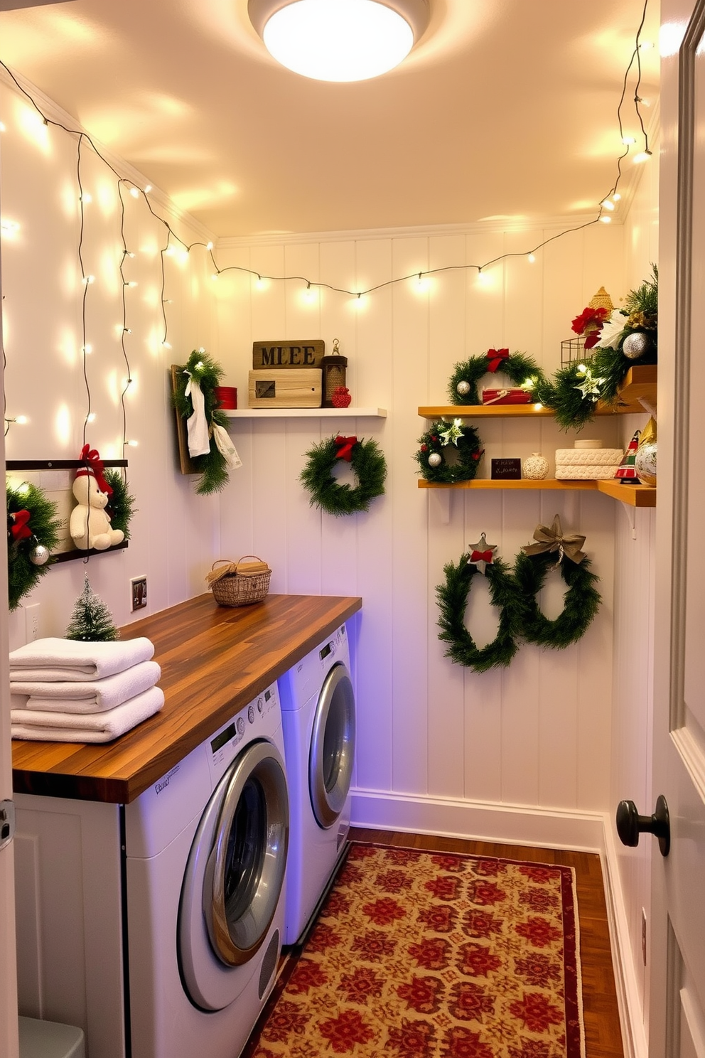 A cozy laundry room adorned with string lights that create a warm and inviting glow. The walls are painted in a soft white, and the space features a rustic wooden countertop lined with neatly folded towels and holiday decorations. A festive touch is added with Christmas-themed decor, including garlands and ornaments displayed on shelves. The floor is covered with a cheerful patterned rug, enhancing the overall holiday spirit of the room.