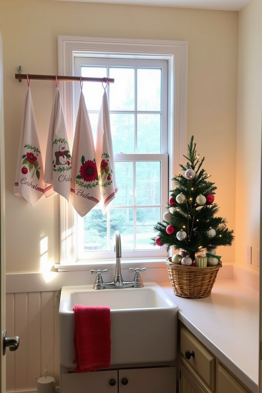 A cozy laundry room adorned with seasonal dish towels hanging on a wooden rack. The walls are painted in a soft pastel hue, and a vintage-style sink sits beneath a window, allowing natural light to illuminate the space. Festive Christmas decorations are tastefully arranged on the countertops, including a small evergreen tree and twinkling fairy lights. A woven basket filled with colorful ornaments adds a cheerful touch to the overall design.