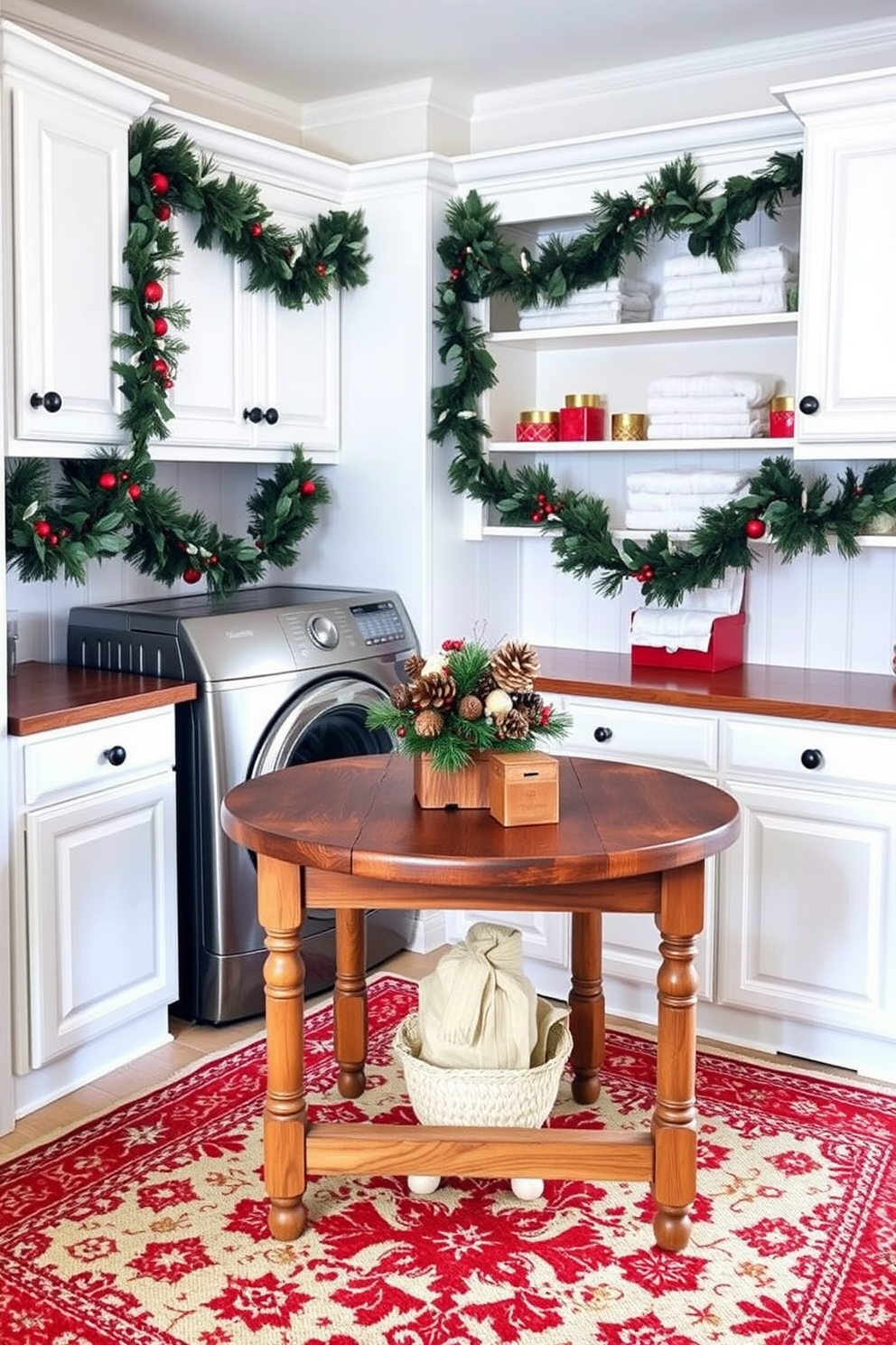 A charming laundry room adorned for Christmas features a rustic wooden table at the center, decorated with a pinecone and berry centerpiece. The walls are painted a soft white, and festive garlands drape over the cabinets, adding a touch of holiday cheer. On the shelves, neatly folded towels are stacked beside small decorative boxes filled with ornaments. The floor is covered with a cozy, red and white patterned rug that complements the overall festive theme.