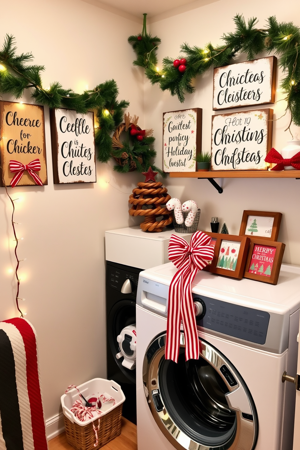 A cozy laundry room decorated for the holidays. Cheerful signs with festive messages hang on the walls, surrounded by garlands of pine and twinkling fairy lights. The washing machine is adorned with a red and white striped bow, adding a touch of holiday spirit. A small shelf displays holiday-themed prints, including snowflakes and Christmas trees, creating a warm and inviting atmosphere.