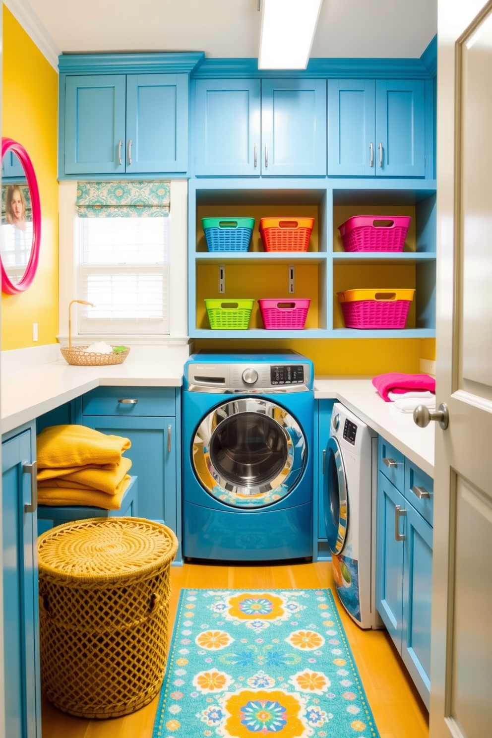 A bright and cheerful laundry room filled with vibrant colors. The walls are painted in a lively yellow hue, complemented by bright blue cabinetry and playful patterned wallpaper. A spacious countertop made of white quartz provides ample space for folding clothes. Colorful baskets are neatly arranged on the shelves, and a cheerful rug adds a cozy touch to the floor.