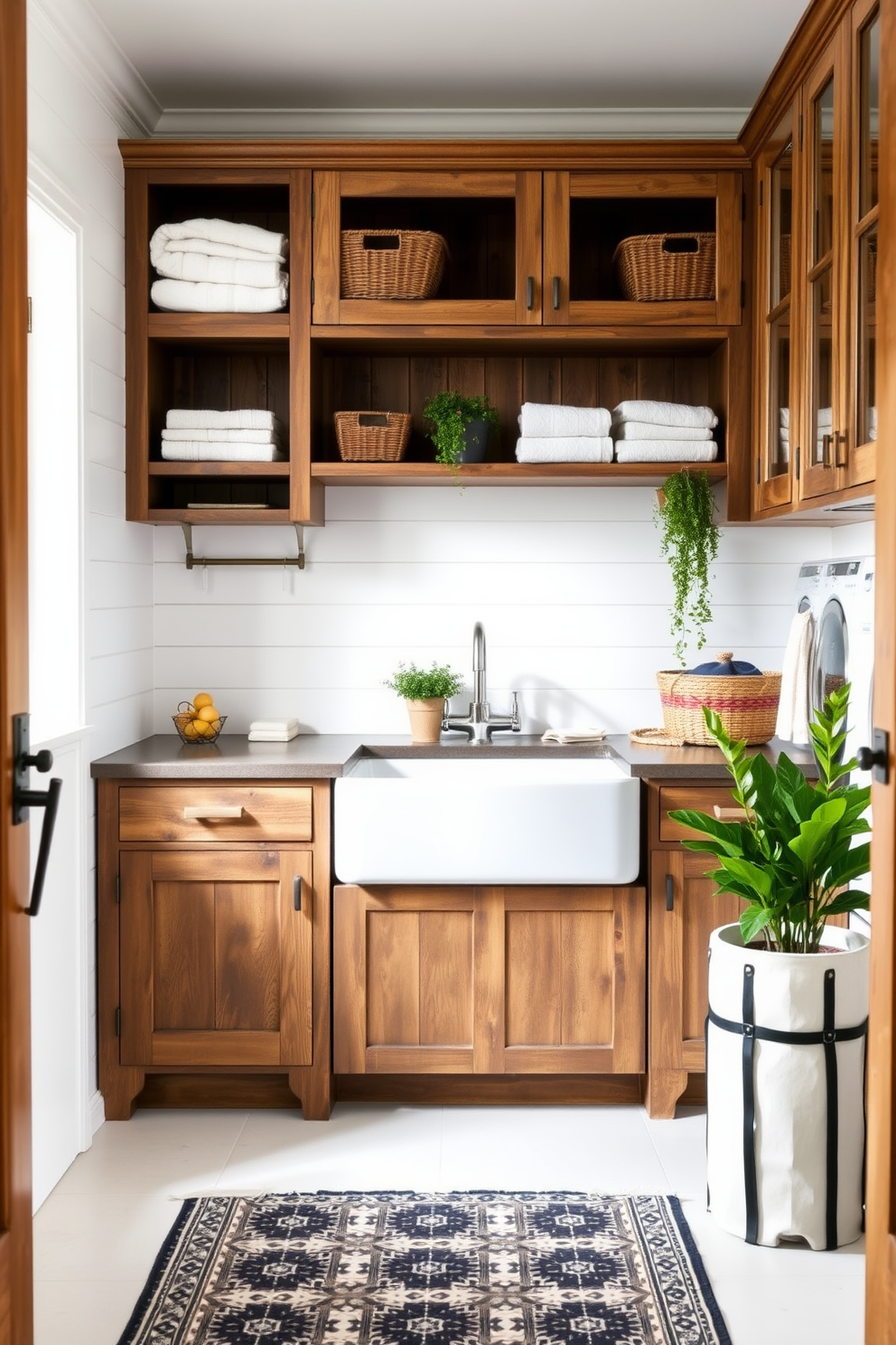 A charming farmhouse laundry room featuring rustic wooden cabinetry with a distressed finish. The space includes a large farmhouse sink and a vintage-style washing machine, complemented by open shelving displaying neatly folded towels and baskets. The walls are painted in a soft white hue, creating a bright and airy atmosphere. A patterned runner rug adds warmth to the room, while potted plants bring a touch of greenery to the design.