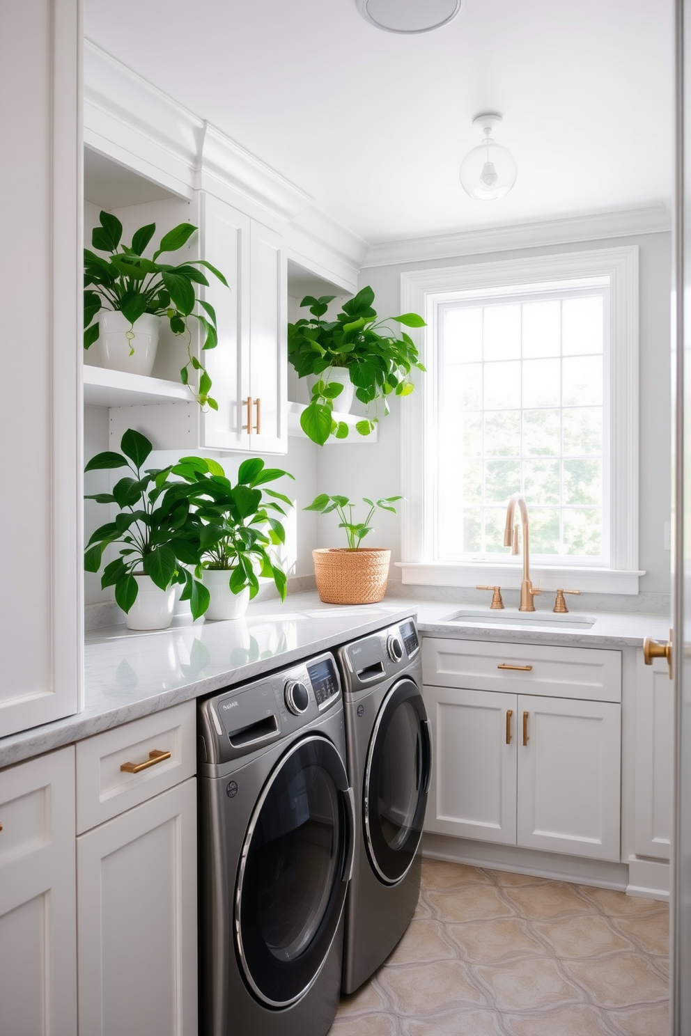 A bright and airy laundry room featuring a spacious countertop for folding clothes. Lush green plants are placed on shelves, adding a fresh and vibrant touch to the space. The cabinetry is a soft white with brushed gold hardware, creating an elegant contrast against the light gray walls. A large window allows natural light to flood in, enhancing the cheerful atmosphere of the room.