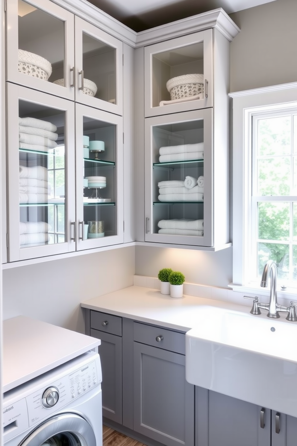 A modern laundry room featuring sleek glass cabinets for stylish display. The cabinets are filled with neatly organized laundry essentials, creating an inviting and functional space. The walls are painted in a soft gray hue, complemented by a durable white countertop. A large farmhouse sink sits beneath a window, allowing natural light to illuminate the room.