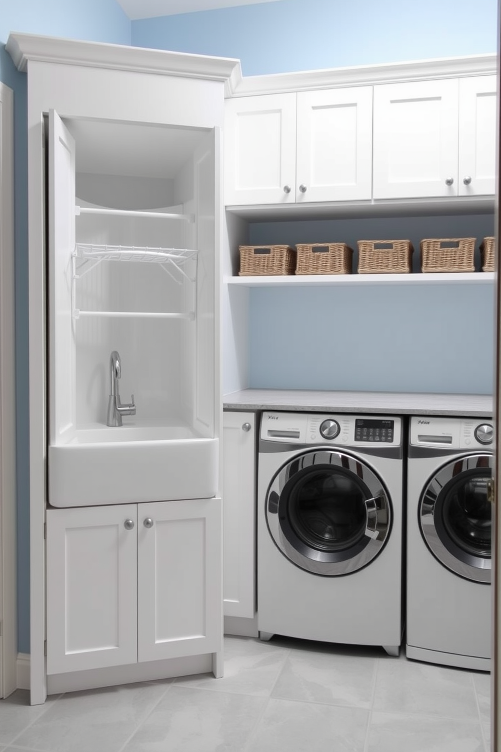 A stylish laundry room features a sleek white cabinetry with a built-in drying rack that folds away seamlessly when not in use. The walls are painted in a soft blue hue, and the floor is adorned with light gray tiles for a clean and modern look. A large sink is positioned next to the washing machine, providing ample space for sorting and pre-treating clothes. Decorative baskets are neatly arranged on the shelves, adding both functionality and a touch of warmth to the space.