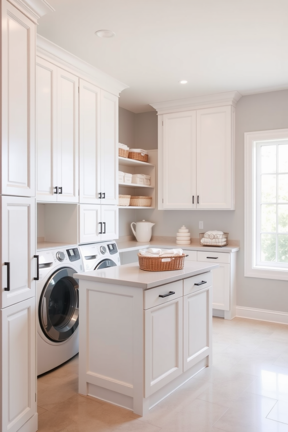 A functional laundry room featuring tall cabinets that reach the ceiling, providing ample storage for cleaning supplies and linens. The cabinets are painted in a soft white hue, complementing the light gray walls and creating an airy feel in the space. In the center of the room, a spacious countertop is installed for folding clothes, adorned with a stylish basket for organizing items. A large window allows natural light to flood in, enhancing the bright and inviting atmosphere of the laundry room.