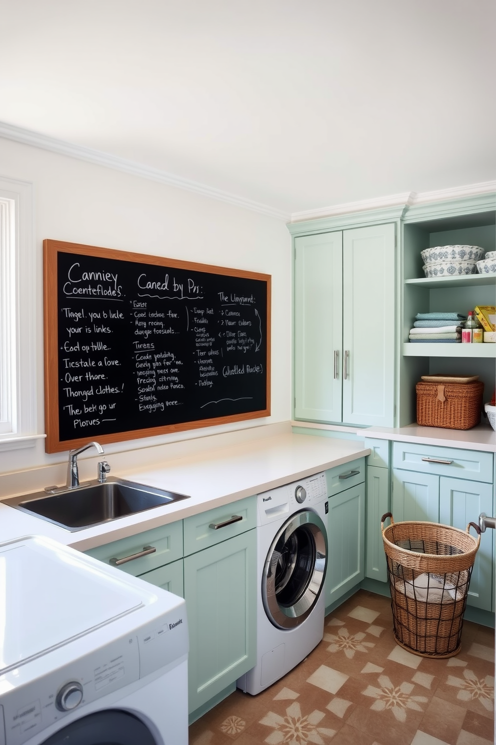 A bright and functional laundry room features a large chalkboard mounted on the wall for reminders and notes. The space includes a spacious countertop for folding clothes and organized storage cabinets in soft pastel colors. The flooring is a durable tile that is easy to clean, while a stylish laundry basket sits in the corner. Natural light floods the room through a window, creating a cheerful and inviting atmosphere.