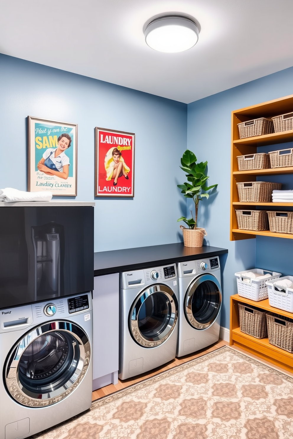 A stylish laundry room featuring a spacious countertop for folding clothes and a set of modern front-loading washers and dryers. The walls are painted in a soft blue hue, and decorative wall art adds personality, showcasing vibrant prints of vintage laundry advertisements. To the right, a wooden shelf holds neatly organized baskets for sorting laundry, while a potted plant brings a touch of greenery. The floor is adorned with a durable, patterned rug that complements the overall design, creating a warm and inviting atmosphere.