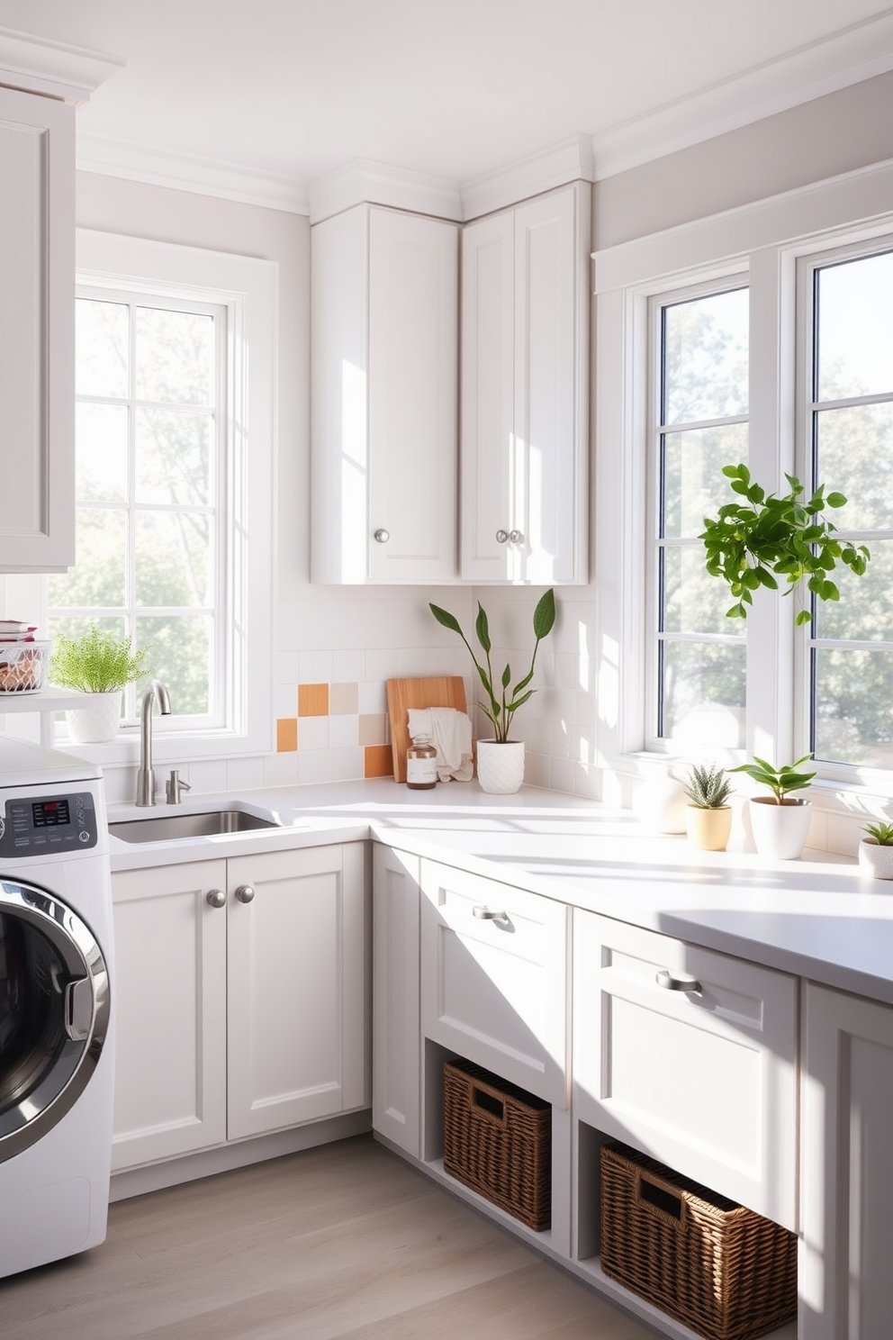 A bright and airy laundry room featuring white cabinetry and a spacious countertop for folding clothes. Large windows allow natural light to flood the space, creating a cheerful atmosphere. The room includes a modern washer and dryer stacked for efficiency, with stylish baskets neatly arranged underneath. A vibrant backsplash adds a pop of color, while potted plants bring a touch of nature indoors.