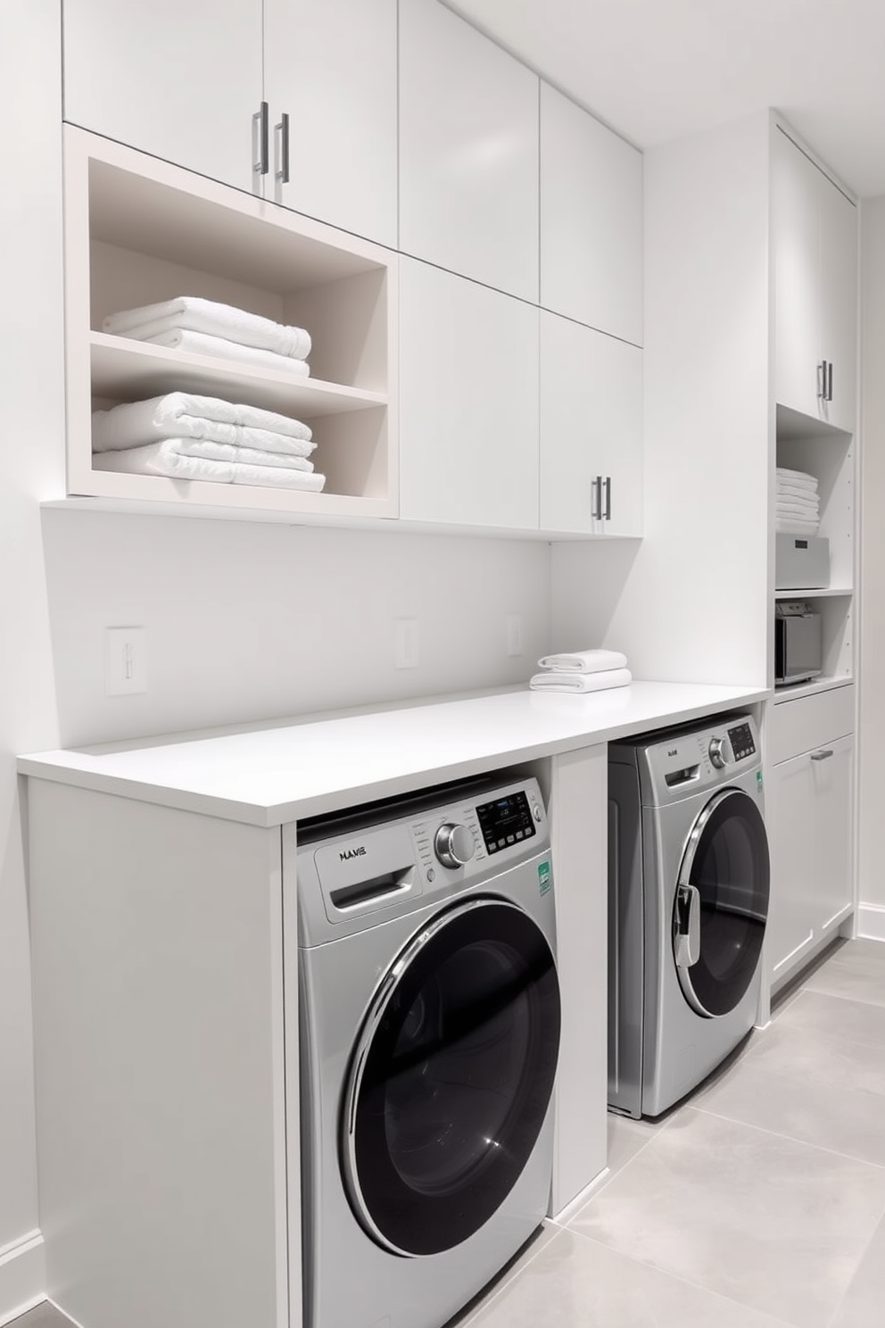 A minimalist laundry room featuring hidden appliances seamlessly integrated into cabinetry. The walls are painted in a soft white hue, and the floor is adorned with light gray tiles for a clean and modern look. A sleek countertop extends above the appliances, providing ample workspace while maintaining a clutter-free environment. Simple open shelving displays neatly folded towels and laundry essentials, enhancing the room's functionality and aesthetic appeal.