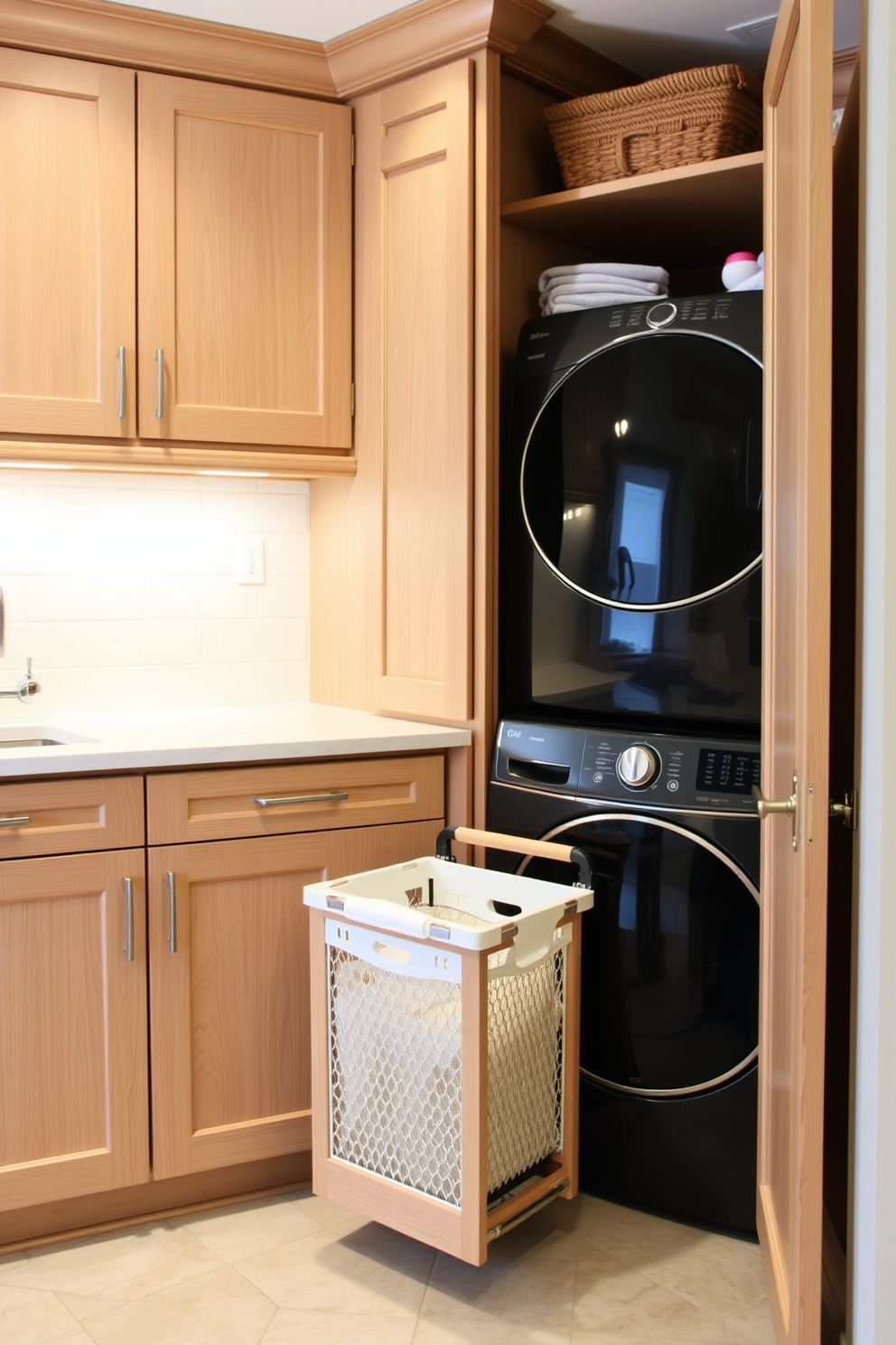 A functional laundry room featuring a pull-out hamper integrated into a custom cabinetry system. The space includes a countertop for folding clothes, with ample storage above and below for laundry supplies.