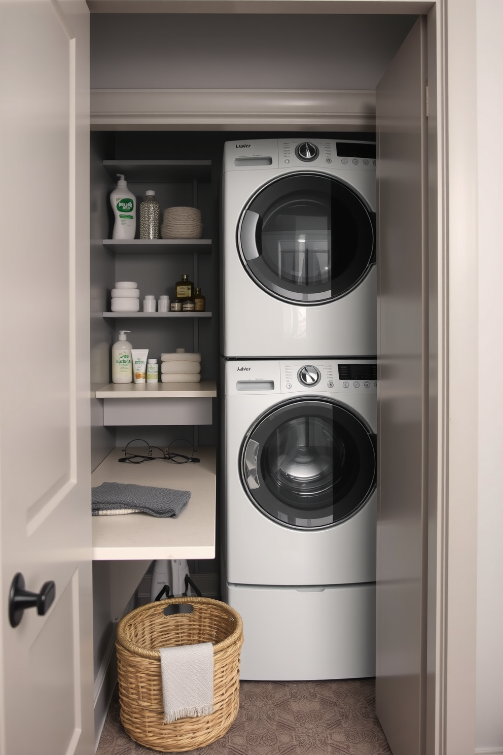 A cozy laundry nook tucked inside a closet. The space features a compact washer and dryer stacked vertically, surrounded by shelving for detergents and supplies. The walls are painted in a soft gray hue, creating a calm atmosphere. A small folding countertop extends from the side, and a woven basket for clothes sits below.