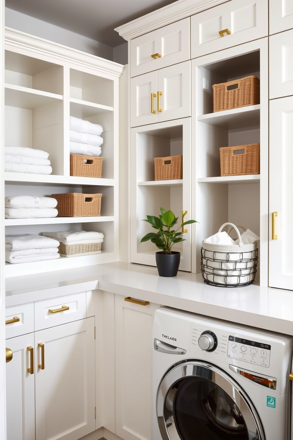 A stylish laundry room featuring a mix of open and closed storage solutions. The cabinetry is a soft white with brass handles, providing a clean and bright aesthetic. On one side, open shelving displays neatly folded towels and decorative baskets, while the opposite wall has closed cabinets to hide laundry supplies. A sleek countertop runs above the washer and dryer, adorned with a potted plant and a stylish laundry basket.