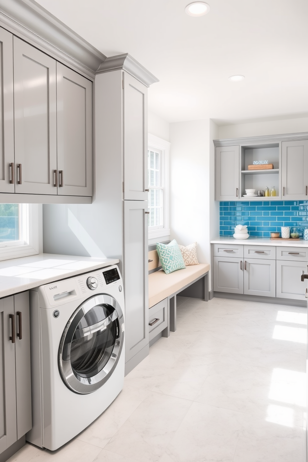 A stylish laundry room featuring a spacious layout with ample natural light. The room includes a sleek washer and dryer set, stacked for efficiency, surrounded by custom cabinetry in a soft gray finish. A built-in bench with storage underneath is positioned against one wall, providing a functional seating area for folding clothes. The walls are painted a crisp white, complemented by a cheerful backsplash in vibrant blue tiles that add a pop of color.