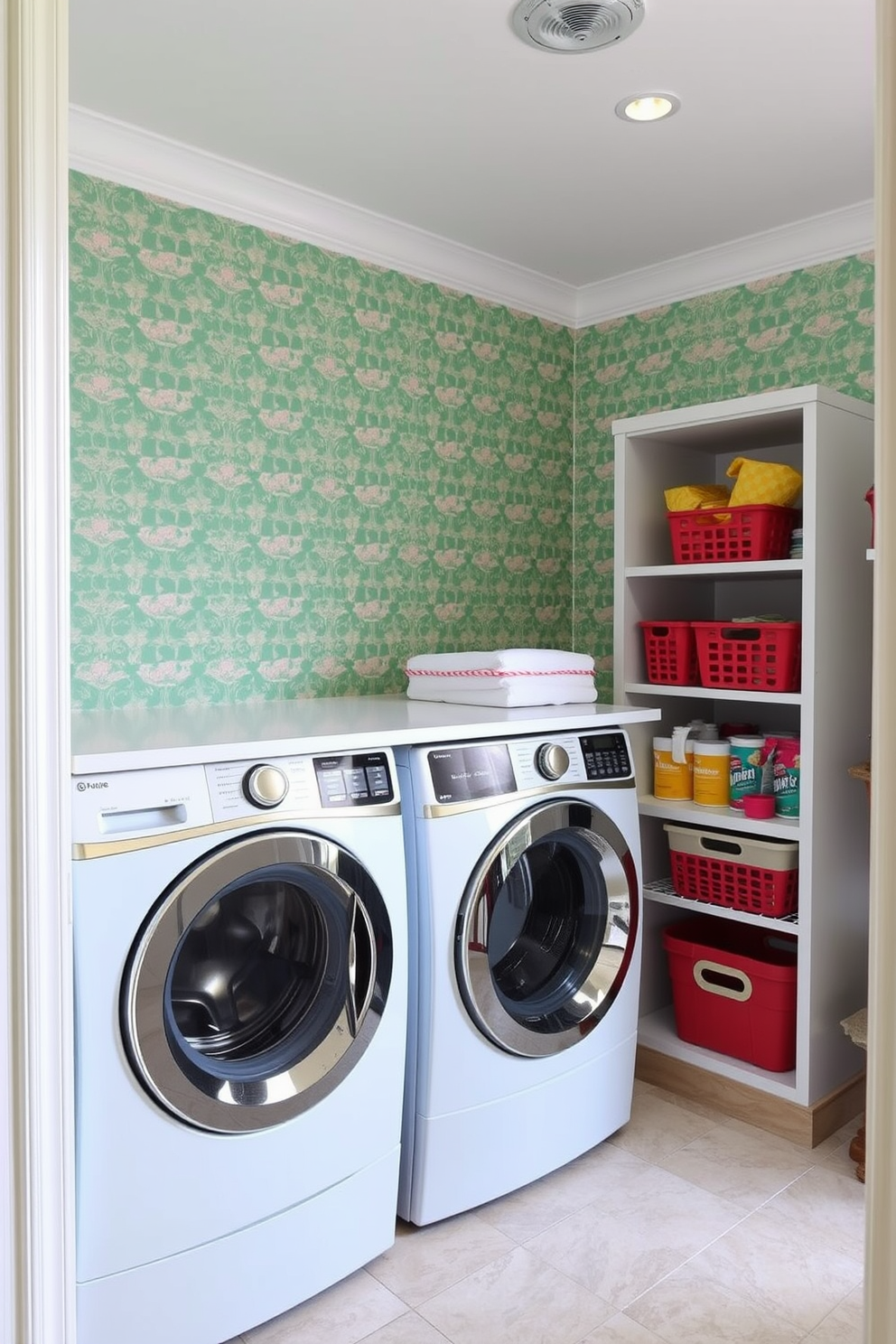 A bright and cheerful laundry room featuring fun wallpaper with a playful pattern. The space includes a modern washer and dryer set, with a sleek countertop above for folding clothes. To the side, there are open shelves displaying neatly organized baskets and colorful laundry supplies. The floor is covered in a durable, easy-to-clean tile that complements the vibrant wallpaper.