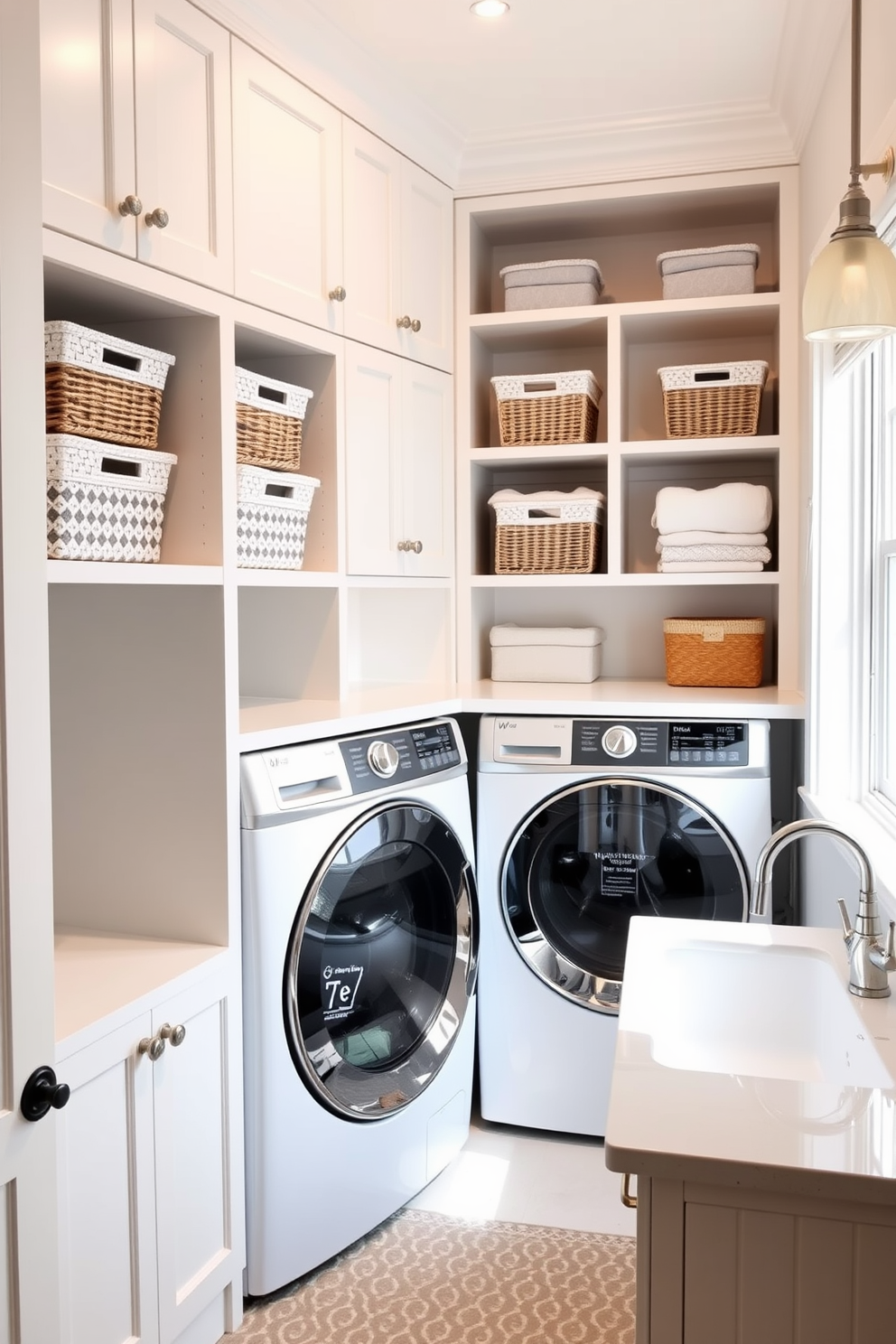 A bright and functional laundry room featuring a built-in cabinetry system with open shelves. Baskets are neatly arranged on the shelves, categorizing laundry items such as whites, colors, and delicates for easy access. The room has a spacious countertop for folding clothes, complemented by a stylish sink for quick rinses. Soft lighting illuminates the space, creating a warm and inviting atmosphere while a patterned rug adds a touch of comfort underfoot.