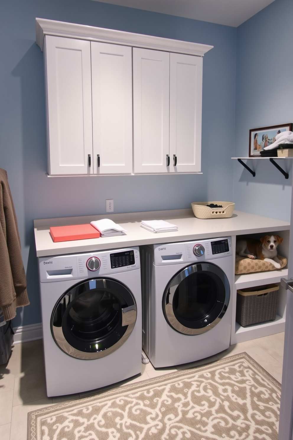 A functional laundry room featuring a spacious countertop for folding clothes. To the side, there is a designated pet area with a cozy bed and storage for pet supplies. The walls are painted in a soft blue hue, creating a calming atmosphere. Sleek cabinets above the washer and dryer provide ample storage, while a stylish rug adds warmth to the space.